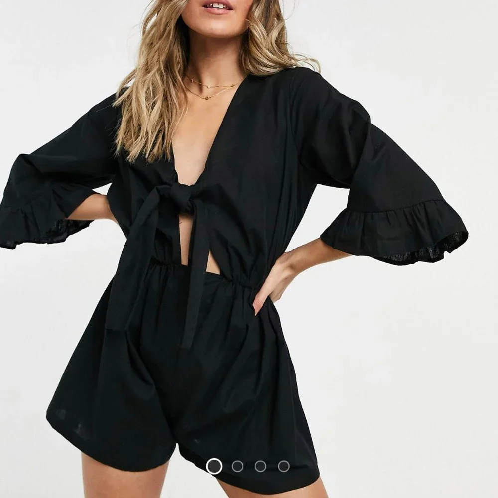 ASOS DESIGN Tall knot front ruffle sleeve romper in black US 6 - Picture 1 of 8